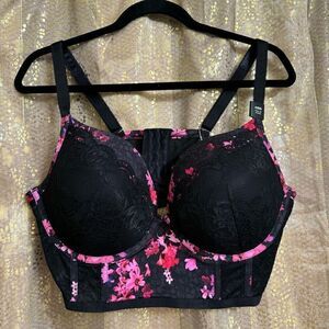 Torrid Black Pink Floral Lace XO Plunge Push-Up Longline Bra 42DD NWT